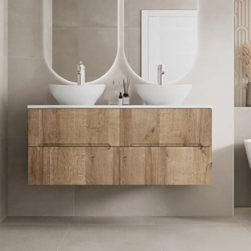 Image of Vitusso® 1200mm Fluted Bathroom Cloakroom Vanity Unit White Marble Countertop Double Oval Basin Sink Wall Hung Storage Furniture Soft Close, Oak
