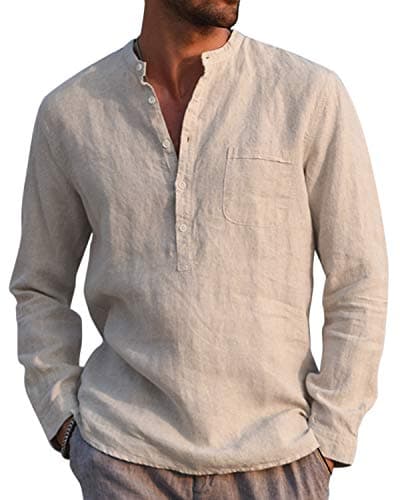 Image of AUDATE Mens Casual Cotton Shirt Autumn Winter Long Sleeve Band Collar Henley Shirt Tops Khaki M