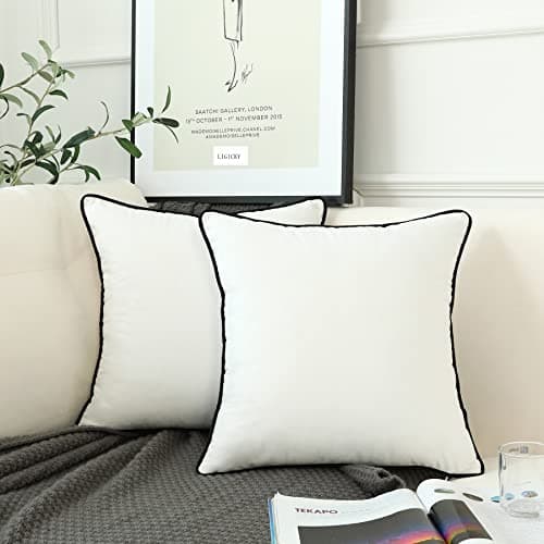 Image of LIGICKY Set of 2 White Velvet Throw Pillow Covers Modern Minimalist Style Solid Decorative Black Rope Edging Soft Square Cushion Cases for Sofa Bedroom Party Décor, 50 x 50 cm