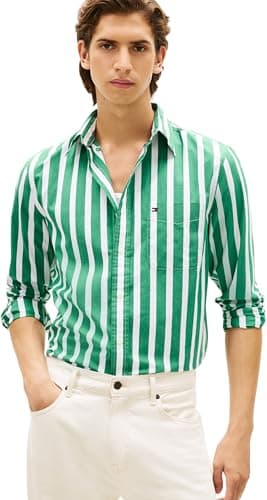 Image of Tommy Hilfiger Men Flex POPLIN Bold Stripe Shirt MW0MW41715 L/S Shirt, Green, S