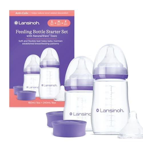 Image of Lansinoh Baby Bottle Starter Set with Anti Colic Teat - 2 Feeding Bottles (160 ml & 240 ml) + 3 Naturalwave Silicone teats (Slow, Medium & Fast Flow) BPA & BPS-Free Reduces Nipple Confusion
