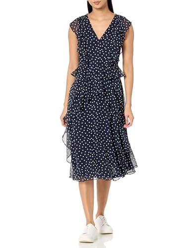 Image of Tommy Hilfiger Womens Midi Length Chiffon Fabric Ruffle Short Sleeve Dress, Sky Captain/Ivory, 6