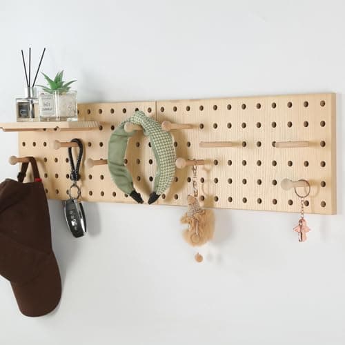 Image of UMICAL Wood Pegboard Wall Organizer with Wooden Pegboard Shelves and Hooks - Pine Wood - 15.2"W x 7.6"H x 0.59"D - Home, Office, Bathroom