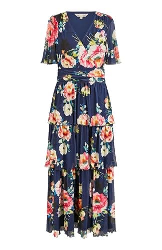 Image of Yumi Navy Floral Mesh Tiered Maxi Dress (UK, Numeric, 14, Regular, Regular, Navy)