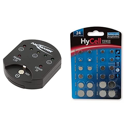Image of Ansmann 1900-0035 Button Cell Battery Tester with LED Display [Pack of 1] & HYCELL Alkaline & Lithium Button Cells [Assorted Multipack of 24] Incl 2 of CR1620/CR2016.e.g.