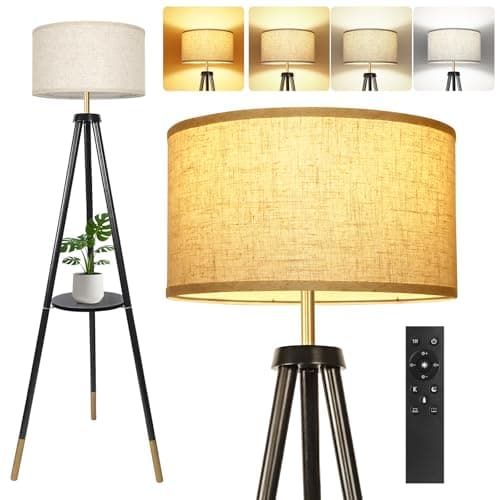 Image of OUTON Solid Wooden Tripod Floor Lamp, Bulb Included, Standing Lamp with Remote Control, Dimmable & 4 Color Temperatures, 1H Timer, Floor Lamp with Storage Shelf for Living Room, Black