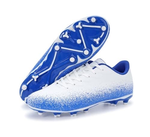 Image of FEETHING Unisex Adults Football Boots for Men Women - Multi Ground Anti Slip Soccer Cleats with Lightweight Cushioning(10UK, White/Blue)