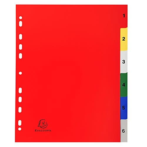 Image of Exacompta - Ref 2506E - PP Printed Indices - For Use With A4+ Documents, 0.1mm Polypropylene, Pre-Punched, Soft & Tear Resistant - 6 Divider Parts (1-6) - White With Coloured Tabs