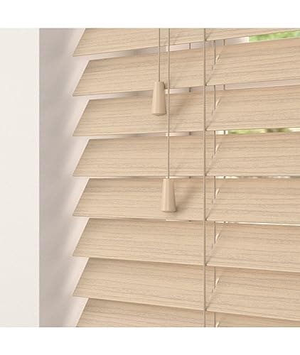 Image of Natural Oak 50mm Faux Wood Venetian Blinds Fine Grained With Strings 120cm Drop 150cm Wide