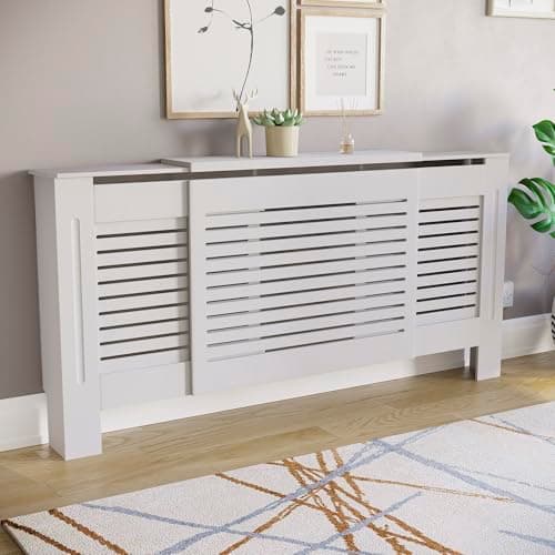 Image of Vida Designs Milton Radiator Cover, White, Adjustable, Modern Horizontal Slat Design for Optimal Heat Distribution, H 82 x W140-204 x D19 cm, Varnished MDF Furniture, Ideal for Living Room and Hallway