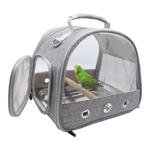 Image of Bird Travel Carrier with Standing Perch and stainless Steel Tray,Breathable Collapsible Small Bird Carrier Travel Bag for Parrot Parakeet Small Animals for travel hiking Camping (Grey)