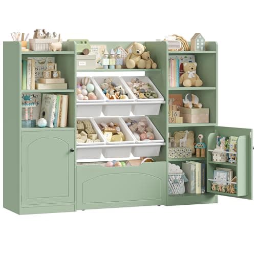 Image of FOREHILL Kids Toy Storage Unit Kids Bookcase Toy Organiser Childrens Bookshelf, 6 Detachable Toy Boxes, 2 Storage Doors, 1 Large Drawer with Wheels for Nursery Playroom Green 140.5x33x108.2cm