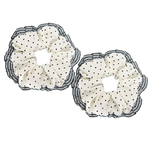 Image of 2Pcs Large Hair Scrunchies, Scrunchies for Women, White Polka Dot Print Ponytail Holders, Lace Elastic Hair Ties for Women & Girls