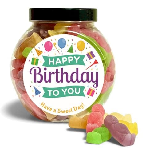 Image of Happy Birthday Jelly Babies Jar, Favourite Sweet Choices Gift with Fun Design (Cookie Jar, 500g)