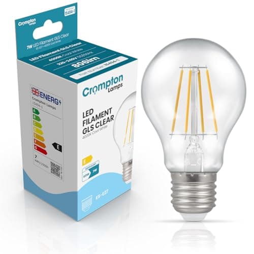 Image of Crompton Lamps Filament GLS LED Light Bulb ES-E27 | 7W = 60W Equivalent | Cool White 4000K | Energy Efficient | Edison Screw Lightbulb | Long Life 15000-Hrs | Clear Glass | Dimmable