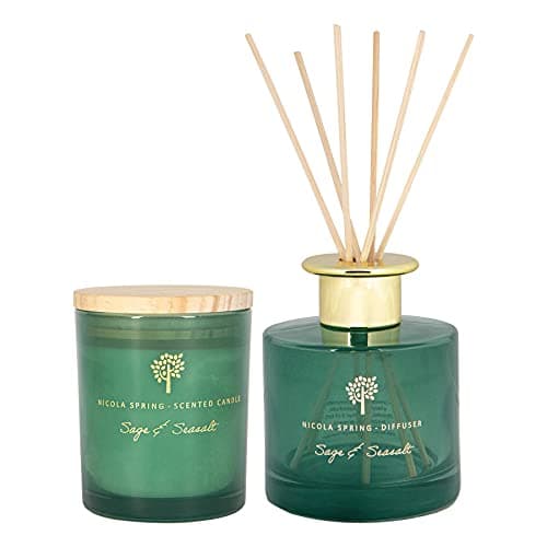 Image of Nicola Spring Sage & Seasalt Scented Candle & Reed Diffuser Set - 130g Soy Wax Candle 21 Hour Burning Time Small Relaxing Fragrance Gift Set Aromatherapy 200ml Fragrant Diffuser