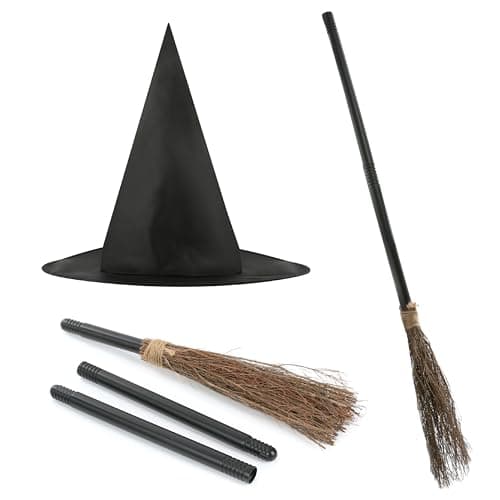 Image of I LOVE FANCY DRESS Girls Witch Accessory Set - Black Pointed Witch's Hat and 3-Piece Witch Broom - Kids Halloween Trick or Treat Costume Accessory Set