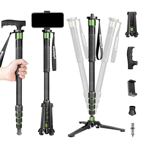 Image of Manbily G-333 Carbon Fibre Camera Monopod 180cm for DSLR with Feet, Monopods for Cameras 5 Sections Walking Stick Hiking Pole, Mini Tripod Detachable Base, Aluminum Max 10KG Canon Nikon Sony (Green)