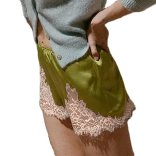 Image of BABWWNIX Satin Silk Boxers Shorts for Women Low Rise Lace Trim Patchwork Silk Slip Micro Shorts Coquette Lounge Slip Bottoms (F-Emerald Green, M)