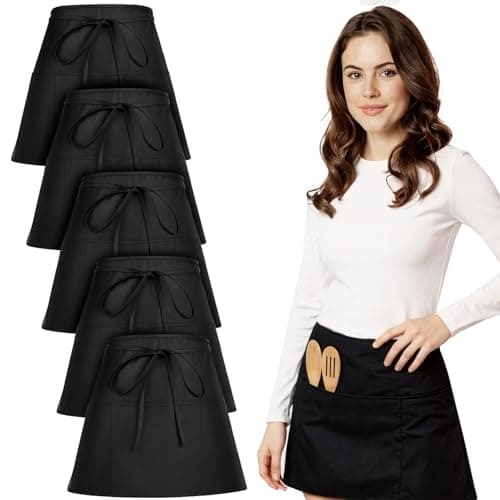 Image of saerryor 5PCS Waitress Apron Black Waist Apron with 3 Pockets - Short Half Server Aprons for Women & Men, Waterproof & Anti-Dirt Cleaning Apron for Kitchen, Restaurant, Baking