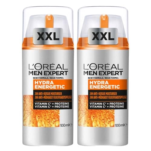 Image of L'Oreal Mens Moisturiser, Men Expert Anti-Fatigue Moisturiser, Hydra Energetic Cream With Vitamin C*, Helps Fight Of Appearance Of Dark Circles And Intensively Hydrates Skin, 100Ml (Pack of 2)