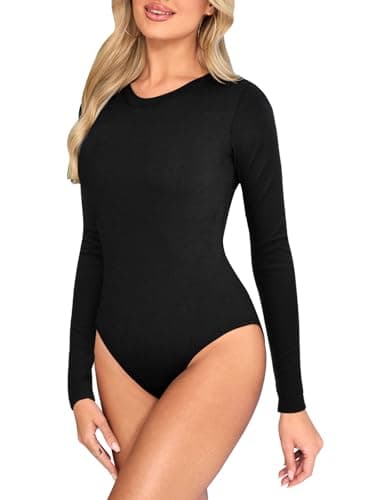 Image of Kefiyis Bodysuit Long Sleeve Bodysuits for Women UK Crew Neck Body Suits Thong Body Suit with Snap Stretch Leotard Tops for Going Out Casual Black S
