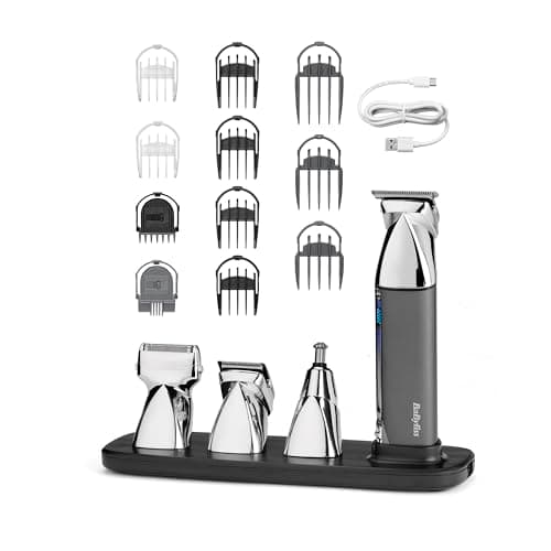 Image of BaByliss Super‑X Metal Multi Trimmer – 15‑in‑1 Beard & Body Grooming Kit with Ear & Nose Trimmer, Magnetic Heads, Digital Display, Waterproof, 5‑Hour Cordless Runtime, Silver/Blue, 7200U