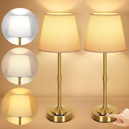 Image of OUTON 16.7" Cordless Rechargeable Table Lamp – Battery Display, Touch Dimmable LED Light, 3 Color Temperatures, USB-C Charging, Fabric Shade, Memory Function for Bedroom, Living Room, Patio (Gold)