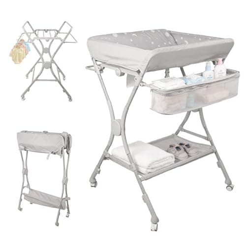 Image of Baby Changing Table Infant Changing Unit Foldable Changing Station with Storage Organizer and Wheels Hanging Racks, Baby Care Station for Newborn Babies