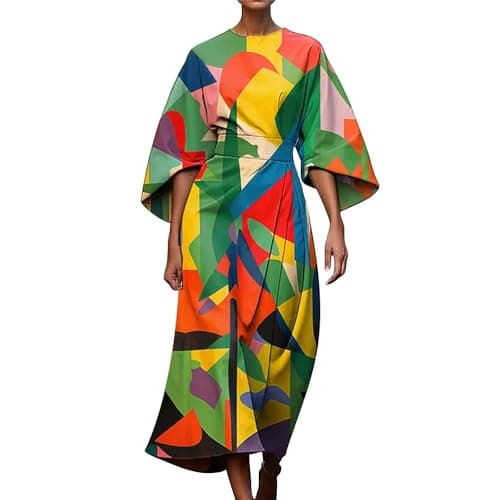 Image of AMDOLE Women's Elegant Abstract Print Abstract Art Art Print Midi Dress 3/4 Sleeve Dress Swing Dresses (Green, M)