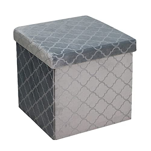 Image of Folding Storage Ottoman Velvet Lattice Storage Box Pressed Velvet Seat Stool Chair Footstool Pouffe Bench (38cm x 38cm, Silver Grey)