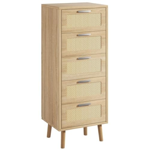 Image of IBUYKE Rattan Chest of Drawers Bedroom, with 5 Drawers, Boho Style Tall Chest of Drawers, Small Bedside Cabinet with Wood Legs, Storage Unit for Bedroom Living room, Natural WST010N