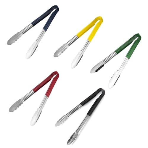 Image of Chabrias Ltd 5-Colour Set 12" Utility Kitchen Tongs – Stainless Steel Non-Slip Vinyl Grip, Dishwasher Safe Colour-Coded Cooking & Serving Tongs (Black, Blue, Green, Yellow, Red, 12 inch / 30 cm)