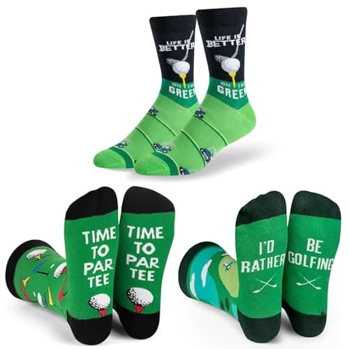Image of AMOturuxient 3 Pairs Golf Socks for Men 9-12, Funny Cotton Socks Gifts for Men, Dad, Husband, Grandad, Casual Golf Accessories for Christmas Birthday Valentines (green01)