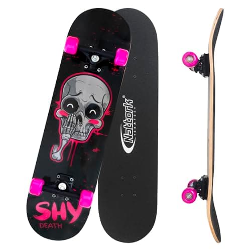 Image of Nattork Skateboards 31 Inch Pink Skeleton Complete Skateboard Wood 9 Layer Canadian Maple Trick Skate Boards for Boys Girls Youth Teens Beginner