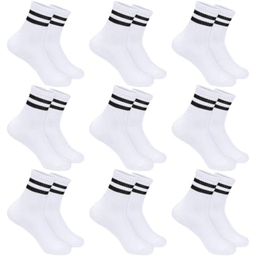 Image of Smlper Kids Socks 9 Pairs, Boys Girls Cotton Crew Socks with Stripes, Cushioned Sports Athletic Socks for School, Uniform, Running & Daily Wear, UK 5-12 Years