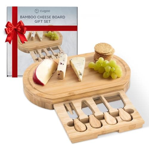 Image of CUQOO Bamboo Cheese Board Set with Drawer & 3 Knives – Wooden Charcuterie Board, Cheeseboard Gift Set for Serving, Grazing, Cheese Boards & Knives, Cheese Platter for Cheese Lovers (Oval)