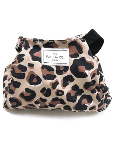 Image of The Flat Lay Co. Makeup Bag - Leopard Travel Drawstring Makeup Bag with Brush Holder & Large Pockets - Cosmetics Organiser Storage for Eyeshadow, Blushes, Lipstick, & Brushes