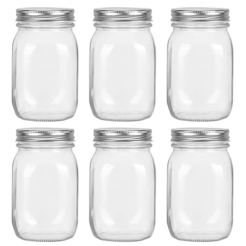 Image of Yishik 6 Pack 16oz Mason Jars with Airtight Screw Lids, 500ml Glass Canning Storage Jars for Fruits,Jams,Drinks,Spices,Snacks,Favors & DIY Candles