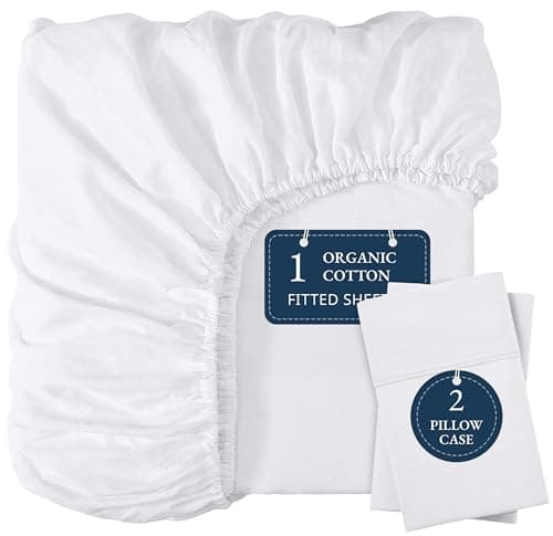Image of LANE LINEN Fitted Sheet Double – 100% Organic Cotton, Soft & Breathable Bottom Sheet with 2 Pillowcases, 35 cm Deep Pocket, All-Around Elastic – Natural Bed Sheet Set - White