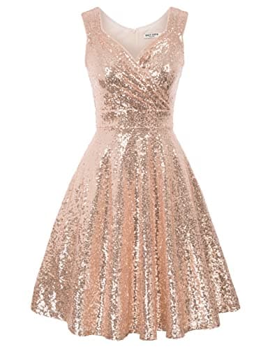 Image of Dinner Dance Sequins Dress Vintage Event Cocktail Rockabilly Ruffled A-line Flared Dress M Sequin Rose Gold