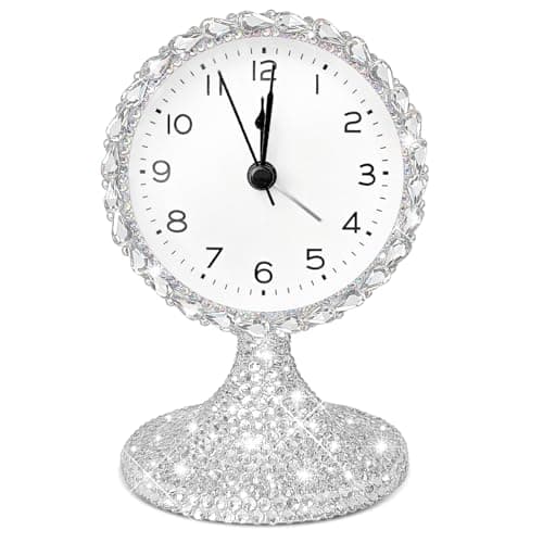 Image of Mifoneix Bling Vintage Table Clock on Stand, Decorative Desk and Shelf Clock,Non-Ticking Metal Frame with Glitter Rhinestones for Office, Living Room or Bedroom