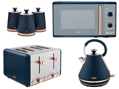 Image of Tower Cavaletto 1.7L 3KW Pyramid Kettle, 4 Slice Toaster, 800W 20L Microwave & Tea, Coffee, Sugar Canisters Matching Kitchen Set of 6 in Midnight Blue with Rose Gold Accents