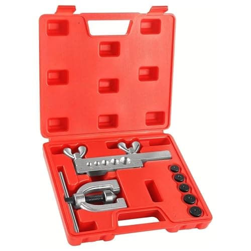 Image of Flexzion SAE 45 Degree Double Flare Brake Line Flaring Tool Kit with (3/16, 1/4, 5/16, 3/8, 1/2") Adapters Dies Automotive Copper Steel Aluminum Brake Fuel Hydraulic Line Tubing Fitting Case Set