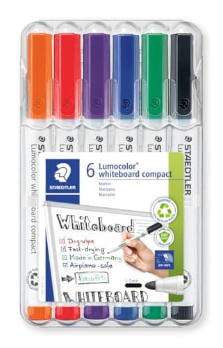 Image of STAEDTLER Dry Wipe Whiteboard Pens - Lumocolor Compact - Bullet Tip - 1-2mm Line Width - Pack of 6, 341 WP6