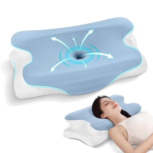 Image of JINXIA Cervical Pillow for Neck Pain Relief, Memory Foam Ergonomic Pillow for Side Back Stomach Sleepers, Orthopedic Neck Support Pillow with Removable Cover, Blue White