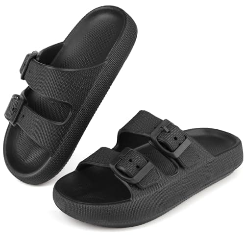 Image of Kids Cloud Sliders Boys Girls Adjustable Buckle Sandals Non-Slip EVA Bedroom Shower Slippers Beach Pool Flip Flops (Black,1 UK)