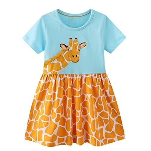 Image of Dinopjs Little Girls Summer Dress Cotton Giraffe Dresses Girl's Short Sleeve Shirt Tops for Kids 2-7 Years