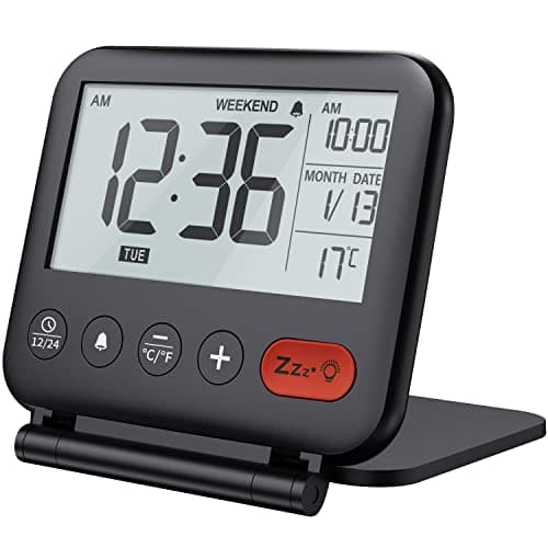 Image of NOKLEAD Digital Travel Alarm Clock – Mini Portable LCD Display Clock with Backlight Calendar Temperature Snooze 12/24H Makeup Mirror, Small Folding Battery Operated Desk Clock for Kid Bedroom (Black)