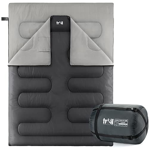 Image of Trail Double Sleeping Bag For Adults, Envelope 2 Season Summer Spring Autumn 250gsm, Outdoor Camping, Lightweight Carry Bag, Storage Pockets, 200cm x 150cm